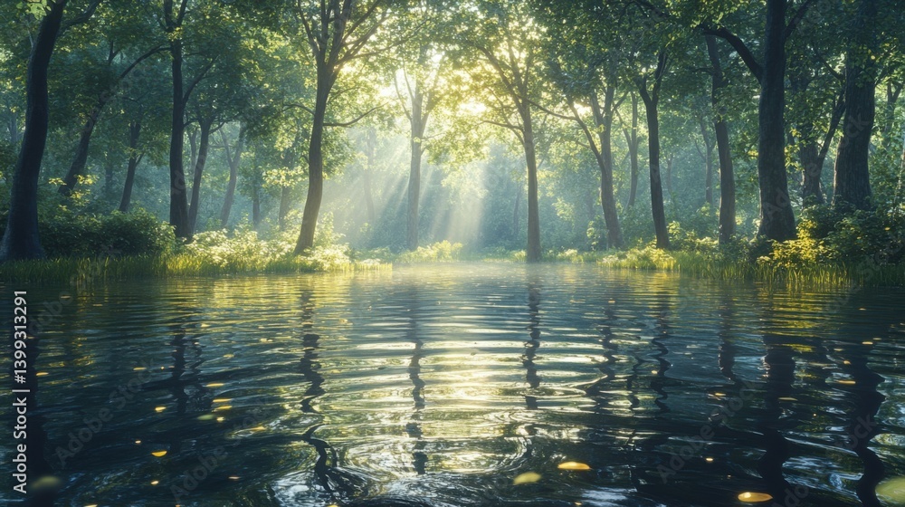 Aufkleber a serene forest scene with sunlight filtering through trees, casting reflections in a calm water sur