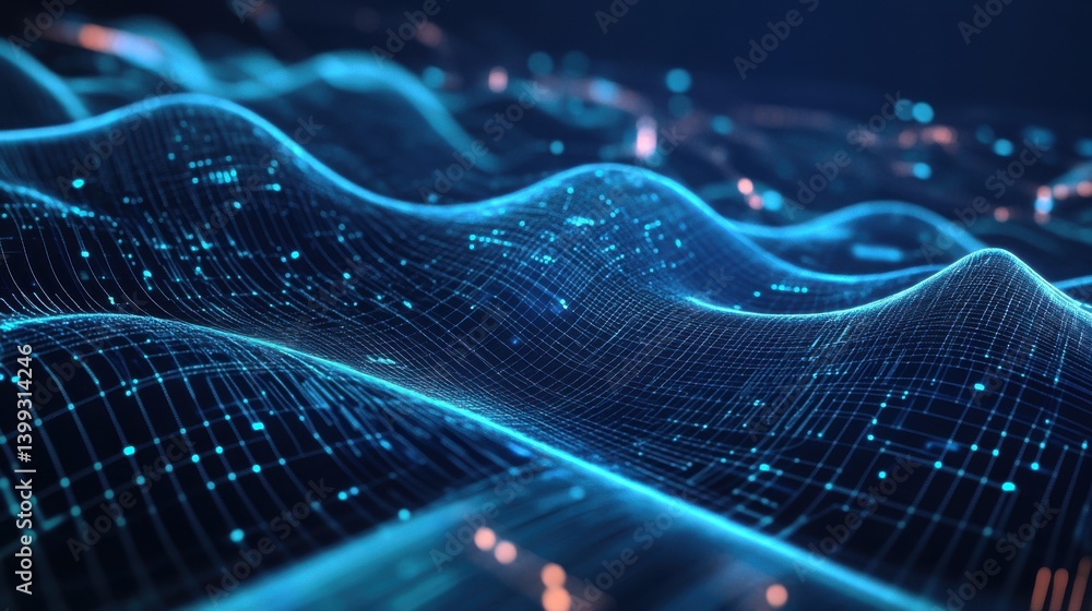 Poster a vibrant, digital wave pattern showcasing blue lines and illuminated dots, representing data flow a