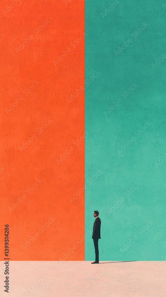 Poster a solitary figure stands between two vibrant color blocks, creating a striking visual contrast and e