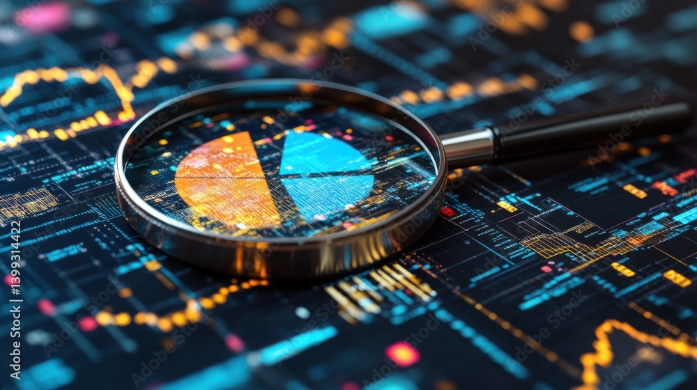 Aufkleber a magnifying glass focuses on a colorful pie chart overlaid on a digital financial graph, symbolizin