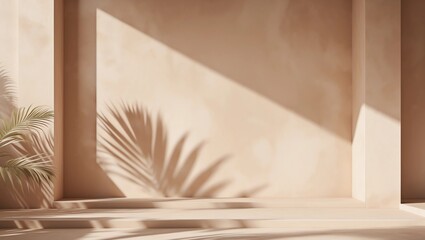 Fototapeta premium Minimal cosmetic background for product presentation. Sunshade shadow on beige plaster wall. 3d render illustration. Object isolate clipping path included