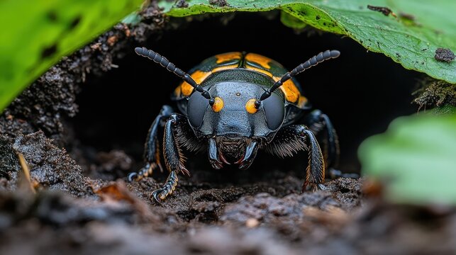 A Striking Close-Up of a Trichodes Apiarius Beetle Emerging from its Burrow