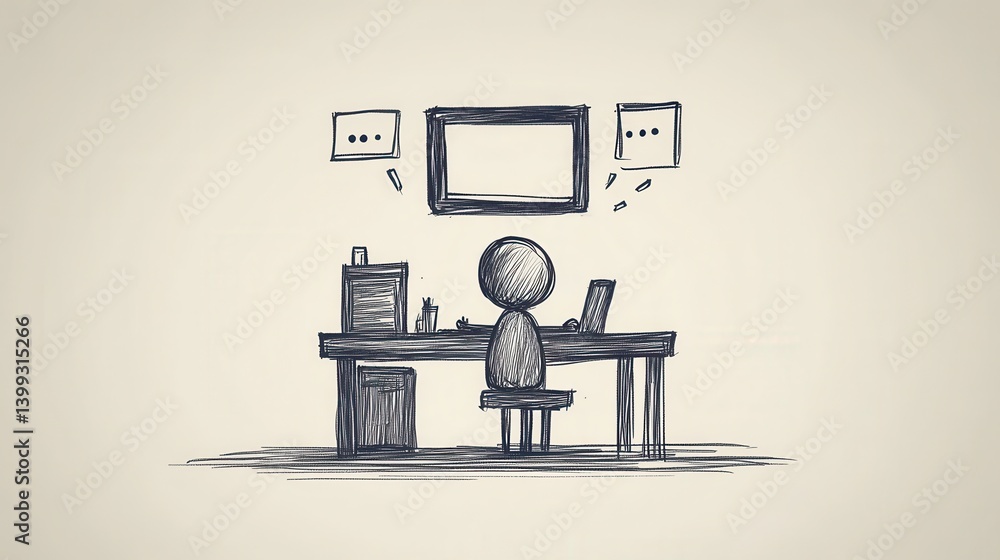 Poster a sketched character sits at a desk with a laptop, surrounded by speech bubbles, conveying a sense o