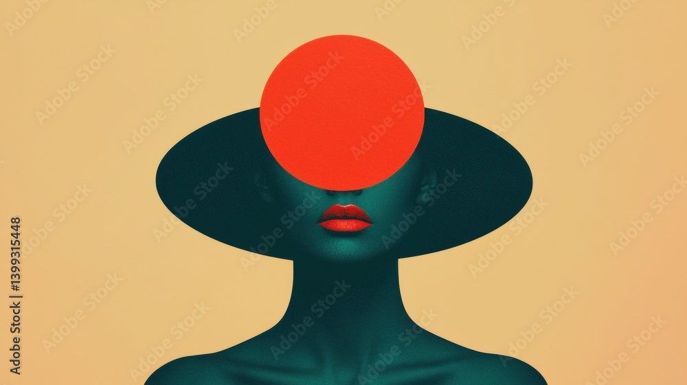 Poster a minimalist portrait featuring a figure with a red circle representing a head, set against a soft, 
