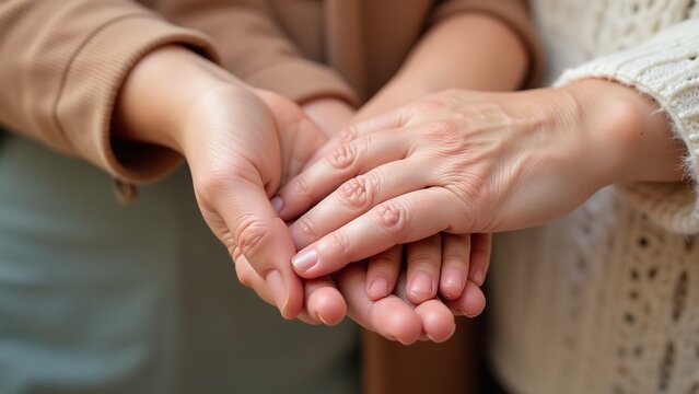 Holding hands through generations, Emotional Mother's Day love, Elder and child connection, Close-up warmth