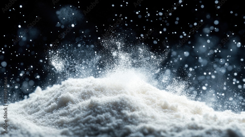 Poster a close-up of white powder creating splashes against a dark background, highlighting texture and mov