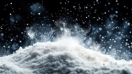A close-up of white powder creating splashes against a dark background, highlighting texture and movement in a dynamic, artistic manner.