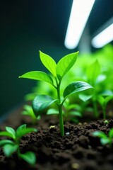 Healthy green plant thrives under bright fluorescent lights , artificial light, leaves