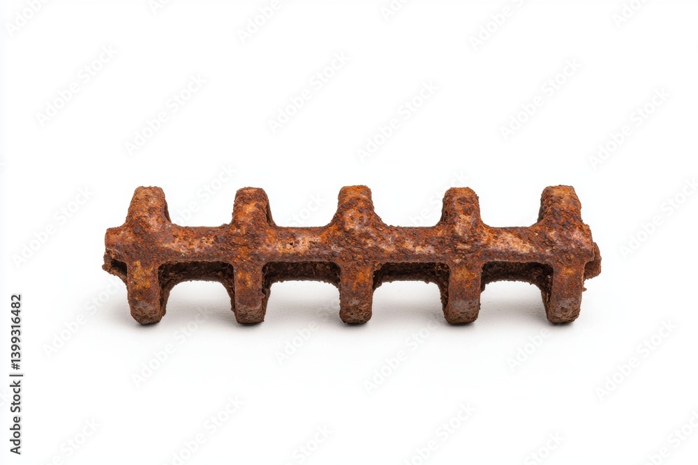 Poster a rusty metal object with a textured surface and multiple prongs, resembling a vintage tool or indus