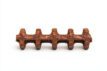 A rusty metal object with a textured surface and multiple prongs, resembling a vintage tool or industrial part.