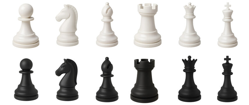 3D Cartoon Chess Pieces Set in Black and White isolated on transparent background.generative AI