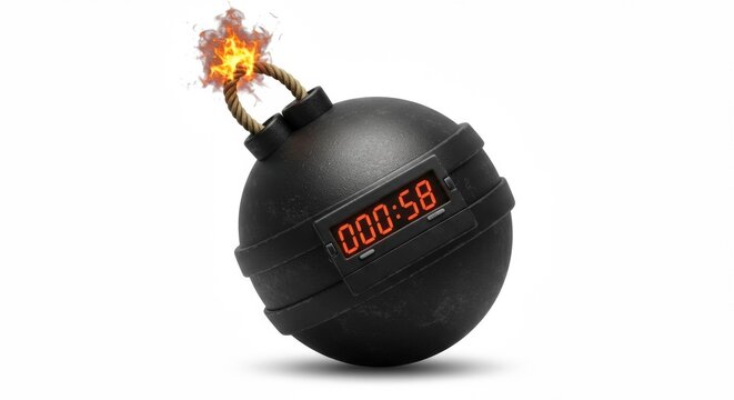 Spherical black bomb with burning fuse and digital countdown timer, isolated on white.