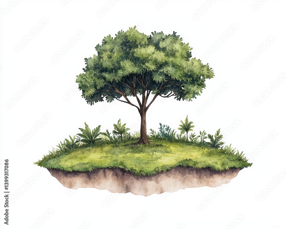 Poster a vibrant, illustrated tree surrounded by lush greenery, seemingly floating on an island with soil v