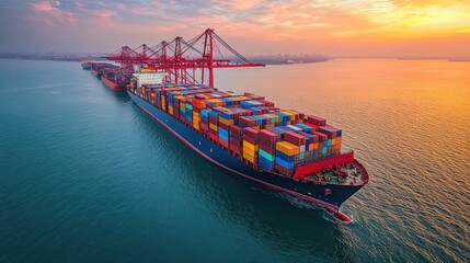 Container ship leaving port at sunset with cranes in background (1)