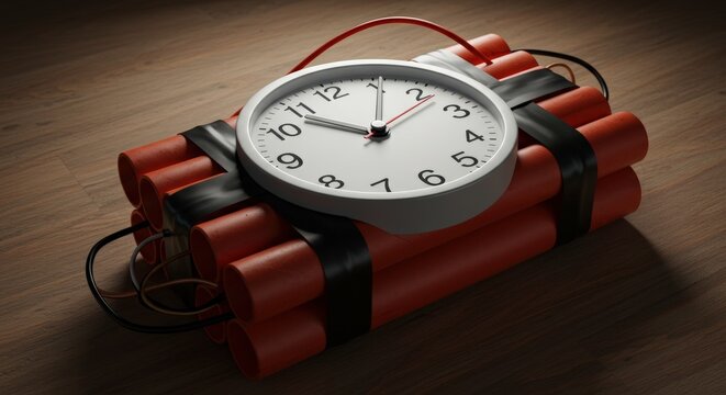 Improvised Explosive Device: Orange Cylinders, Analog Clock, and Black Tape on Wood.