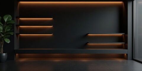 Modern minimalist interior design with sleek black shelves and warm ambient lighting