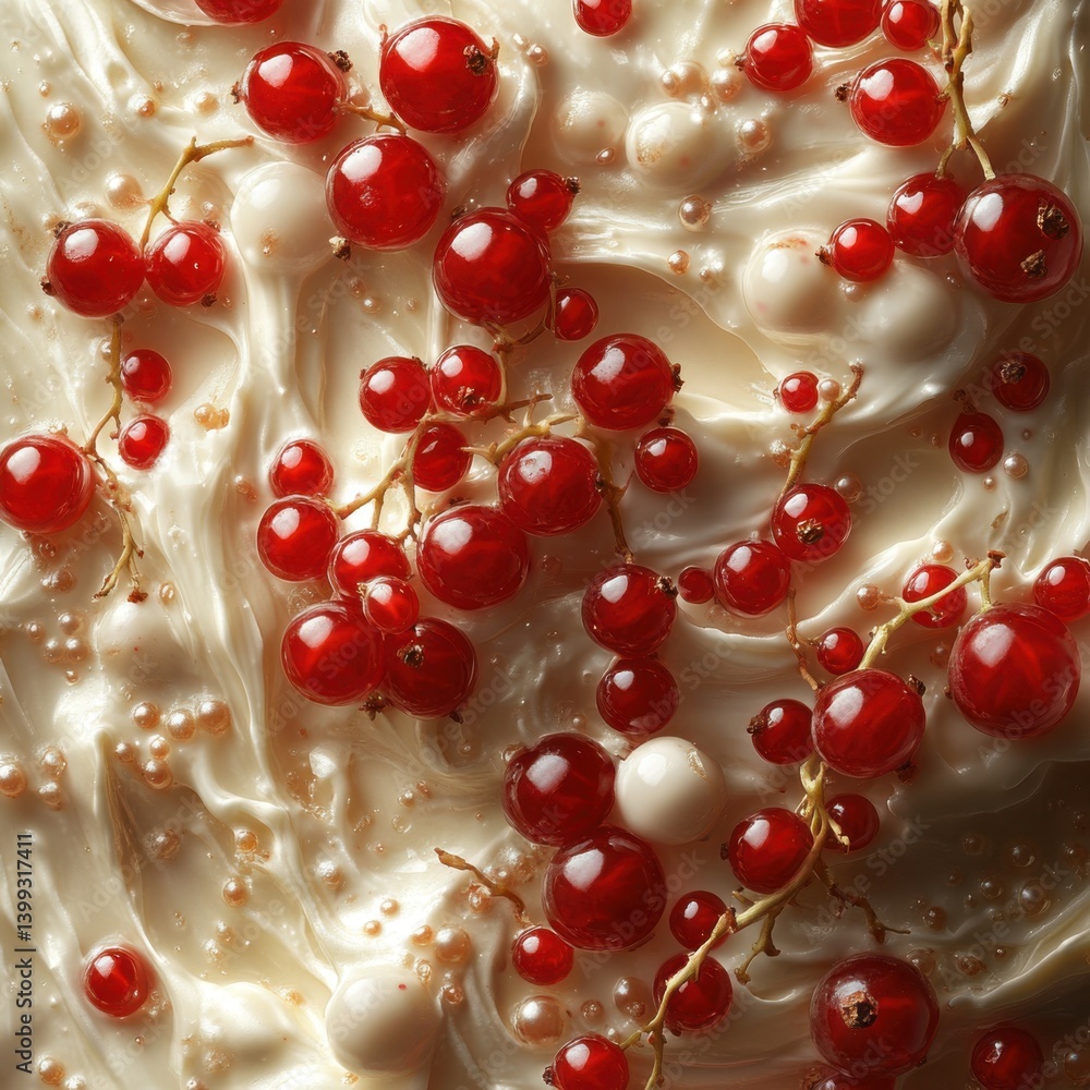 Poster a close-up view of vibrant red currants scattered over a creamy white texture, creating a visually a