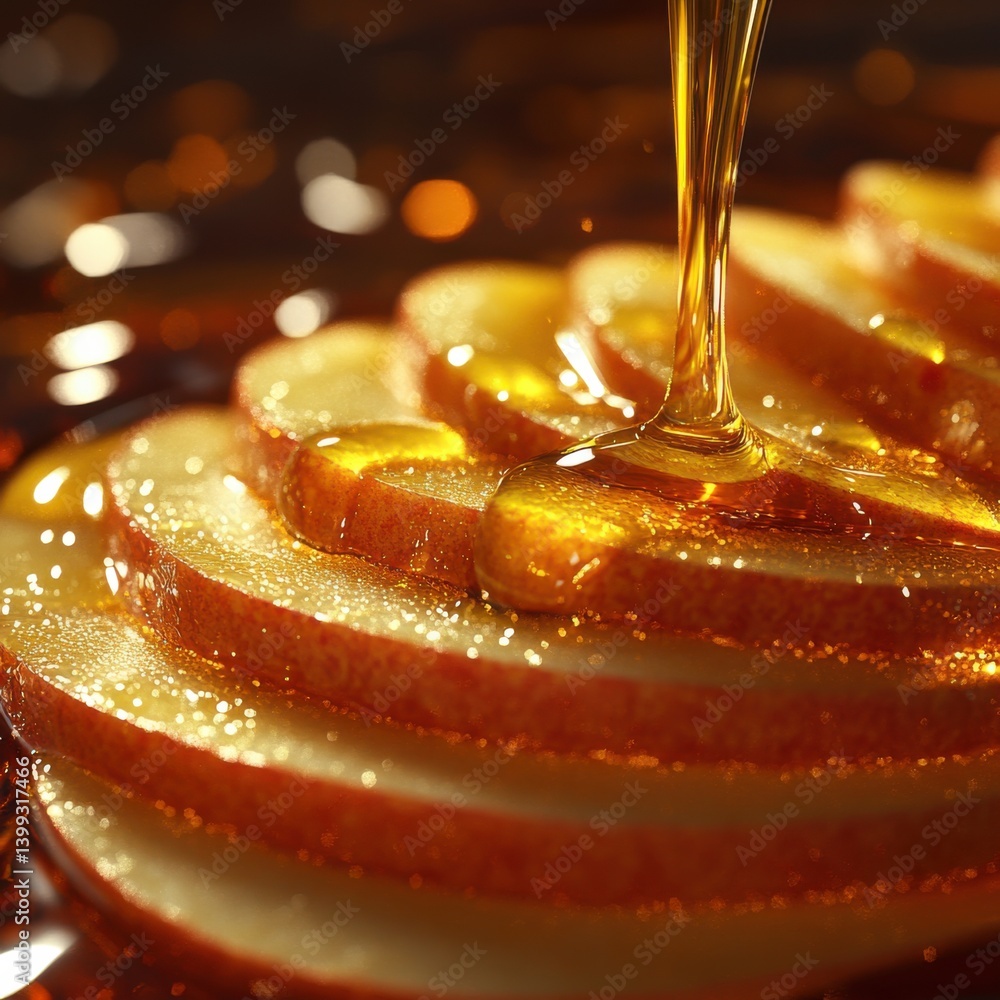 Poster glimmering honey drips onto vibrant apple slices, showcasing a delicious and visually appealing trea