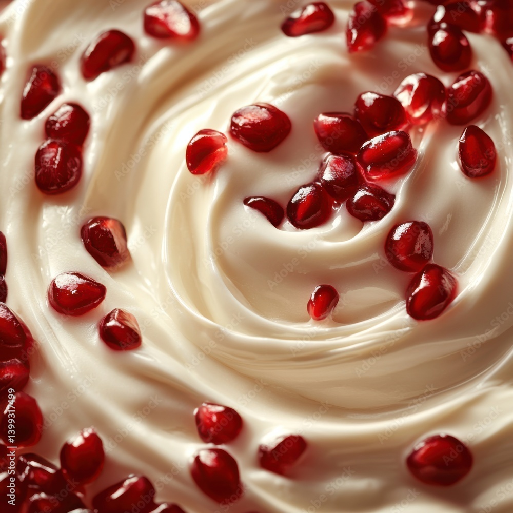 Poster a swirl of creamy texture topped with vibrant pomegranate seeds, creating an appetizing and visually