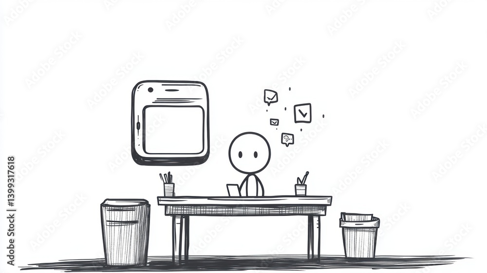 Poster a minimalist illustration of a character at a desk with a computer and speech bubbles, conveying the
