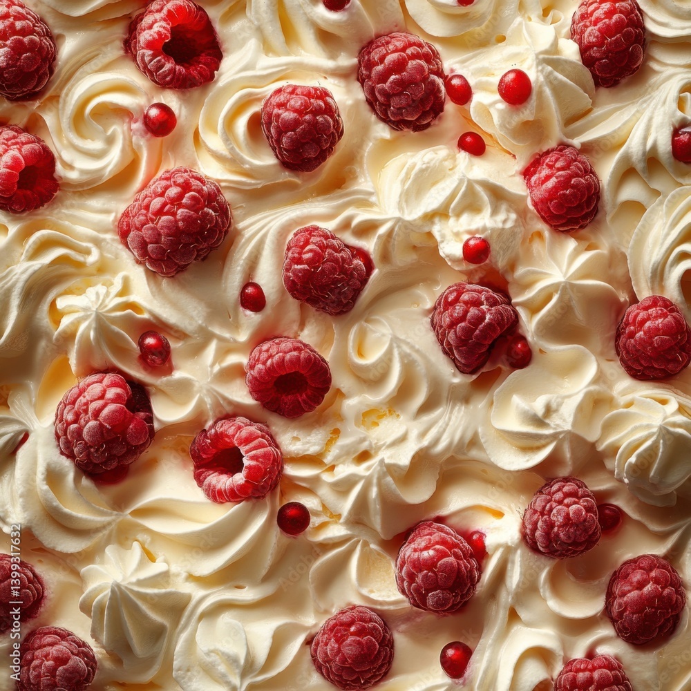 Poster a tantalizing display of whipped cream swirls adorned with fresh raspberries, creating a delightful 