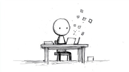 A simple line drawing of a person sitting at a desk with a laptop, surrounded by flying paper notes, conveying a sense of creativity and productivity.