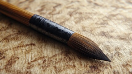 Fototapeta premium A close-up of a traditional brush with a fine point, resting on textured wood, highlighting craftsmanship and artistic tools.