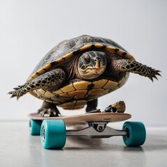 A turtle riding a skateboard on a white background.



