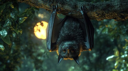 Obraz premium Nocturnal Flight: A Bat Hanging Upside Down on a Tree Branch at Night