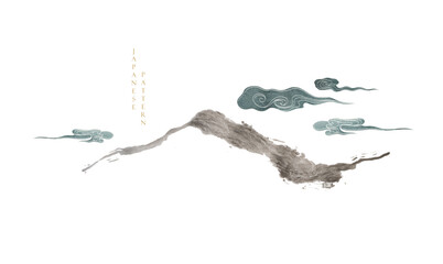Japanese background with hand drawn mountain black and gold brush stroke texture vector. Hand drawn chinese cloud decorations in vintage style. Art abstract banner design.