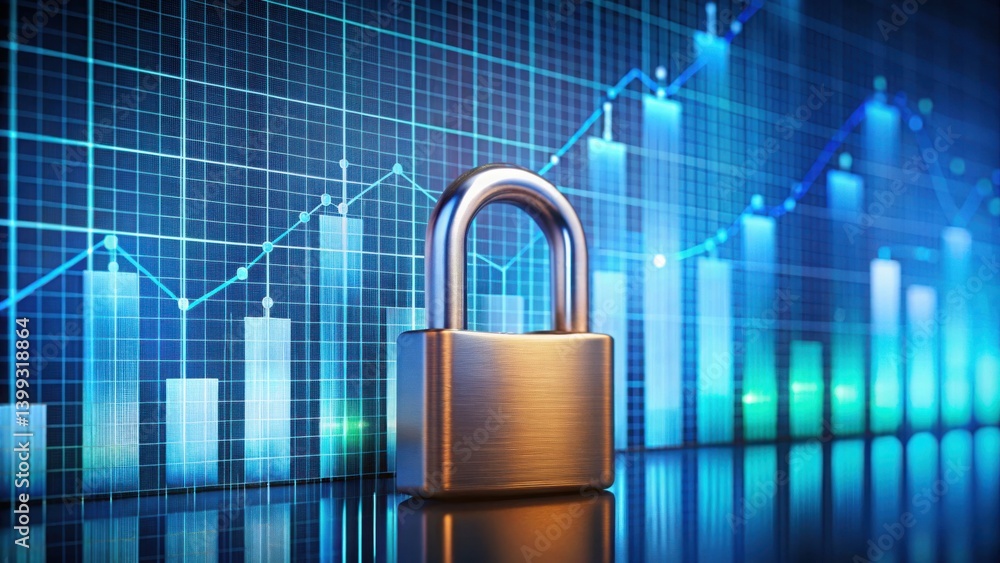 Poster Secure Investment Growth with Padlock Over Financial Data Graph