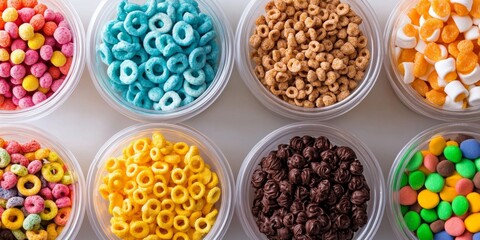 Assorted colorful breakfast cereal and candy mix