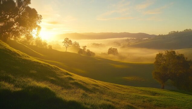 Sunrise over rolling hills.  Misty valley landscape. Golden light - Powered by Adobe