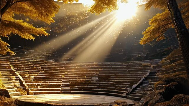 Ancient stone amphitheater with sun rays through golden leaves, serene outdoor setting with rows of seats, calm and historic atmosphere