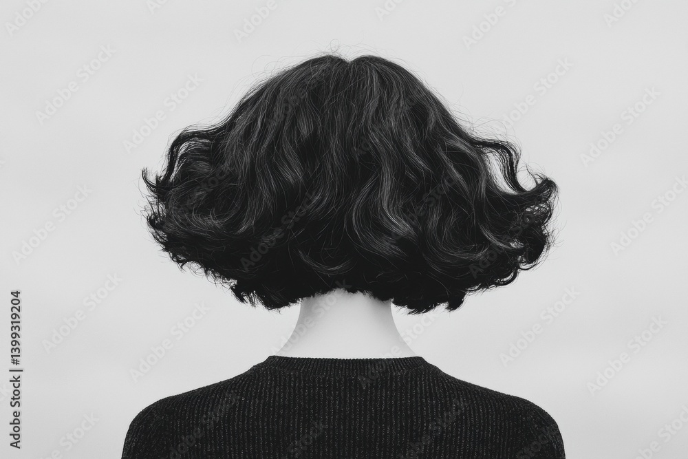 Poster a monochromatic image showing the back of a person with curly black hair, emphasizing texture and st