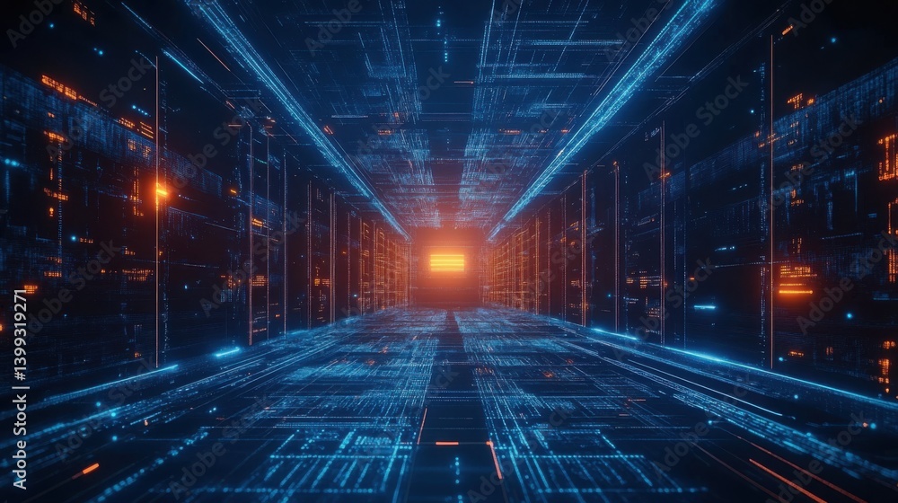 Poster a futuristic digital corridor illuminated by blue and orange lights, showcasing a complex network of