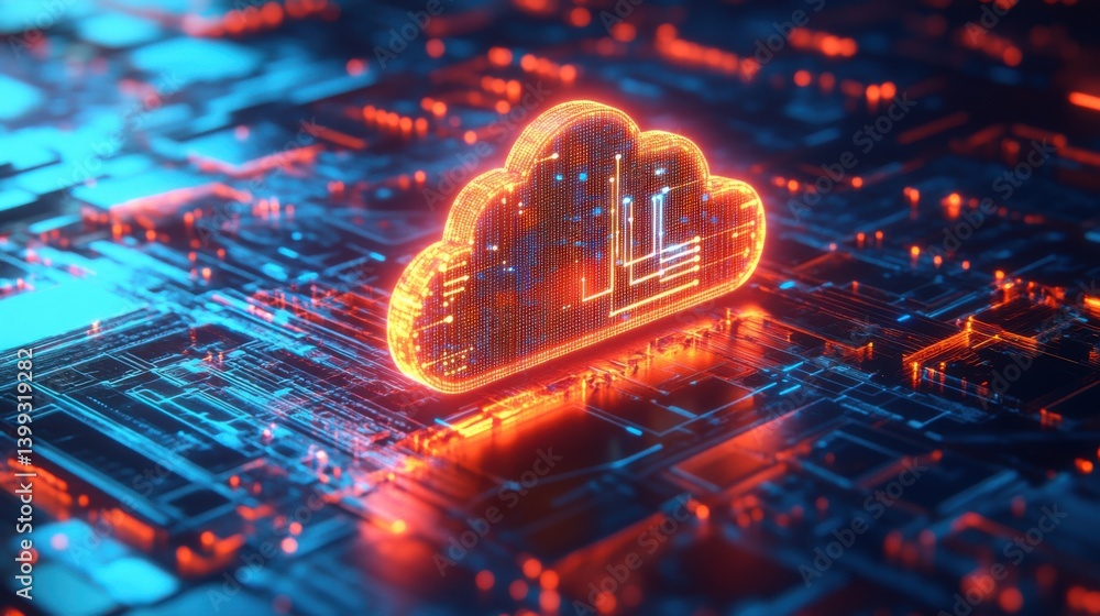 Poster a glowing cloud icon over a digital circuit background, symbolizing cloud computing and data storage