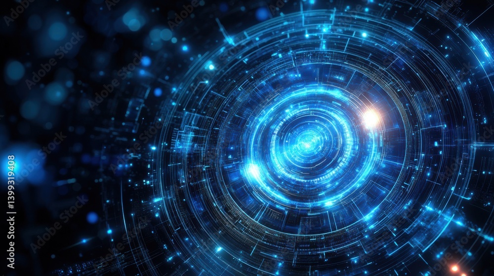 Poster a mesmerizing blue digital vortex with glowing lines and circular patterns, creating a futuristic an