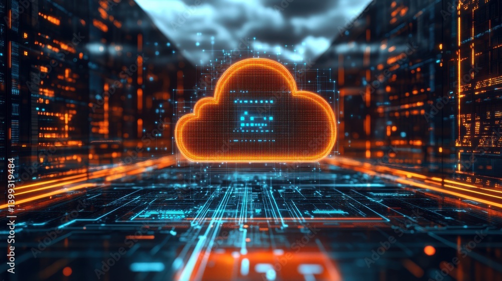 Poster a futuristic digital cloud symbol surrounded by intricate circuitry, representing cloud computing te