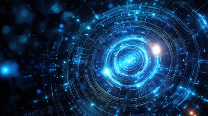 A mesmerizing blue digital vortex with glowing lines and circular patterns, creating a futuristic and technological atmosphere.