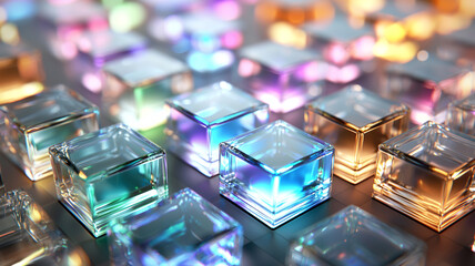 Translucent glass cubes illuminated with colorful lights create vibrant and mesmerizing pattern, evoking sense of wonder