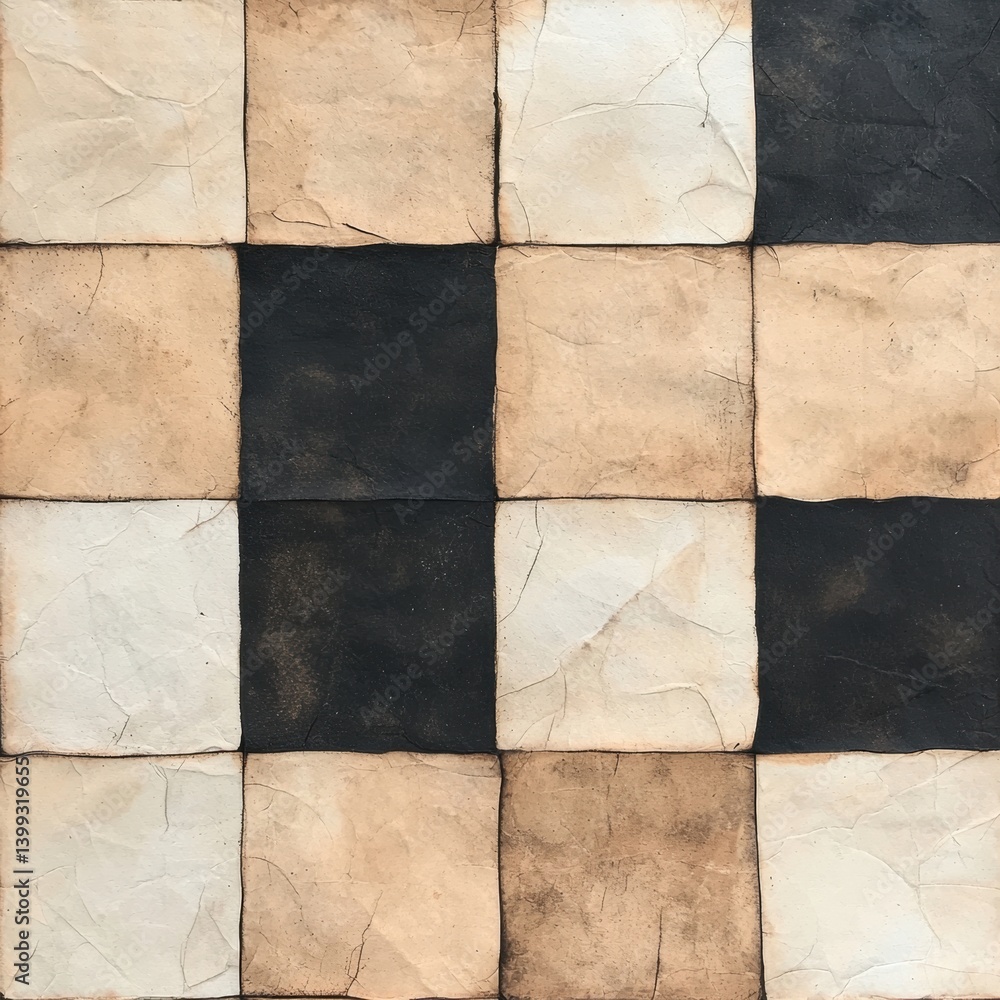 Poster a textured checkerboard pattern featuring alternating beige and dark squares, showcasing an artistic