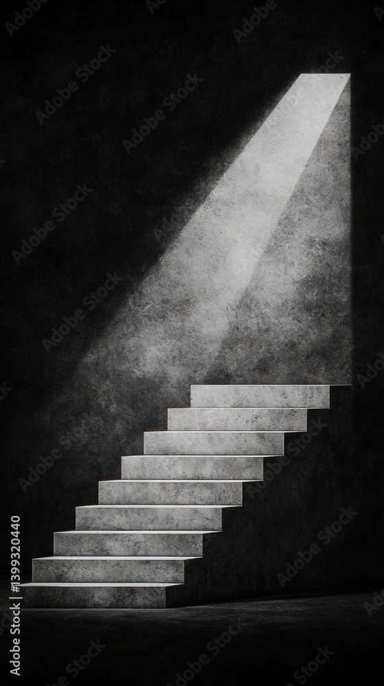 Poster a staircase illuminated by a beam of light in a dark space, creating a dramatic and moody atmosphere