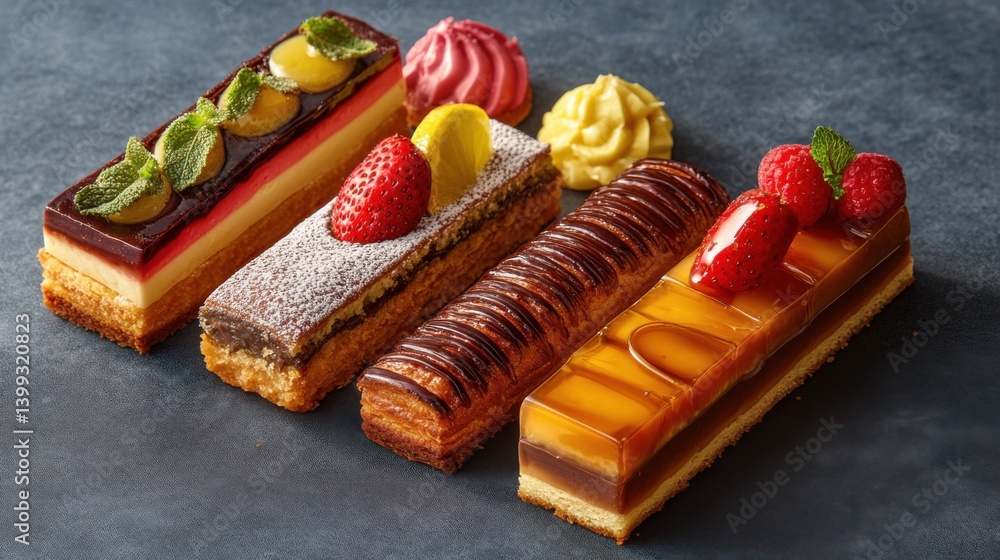 Poster a colorful array of delicious pastries topped with fruits and cream, showcasing intricate designs an