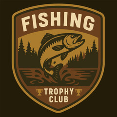 Bass Jumping Out of Water, Trees and Trophies Vintage Style