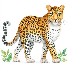Naklejka premium Watercolor Illustration of a Majestic Leopard with Yellow Gold Fur and Black Spots