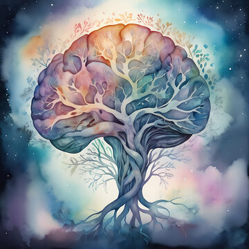 An Abstract Watercolor Brain Illustration Exploding with Colorful Ideas, Featuring Swirling Thought Patterns and Bright Hues to Represent Innovation and Mental Energy, AI-generated