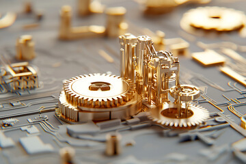 Golden gears and circuit board elements create stunning visual of technology and innovation, showcasing intricate details
