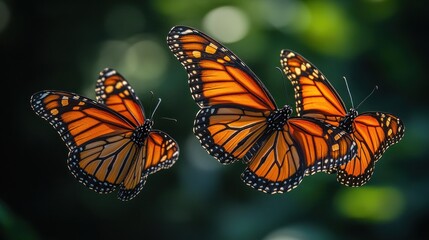 Fototapeta premium Three Monarch Butterflies in Flight: A Symphony of Nature's Beauty