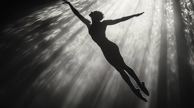 Silhouette of an acrobat balancing on one hand, backlit by a dramatic spotlight